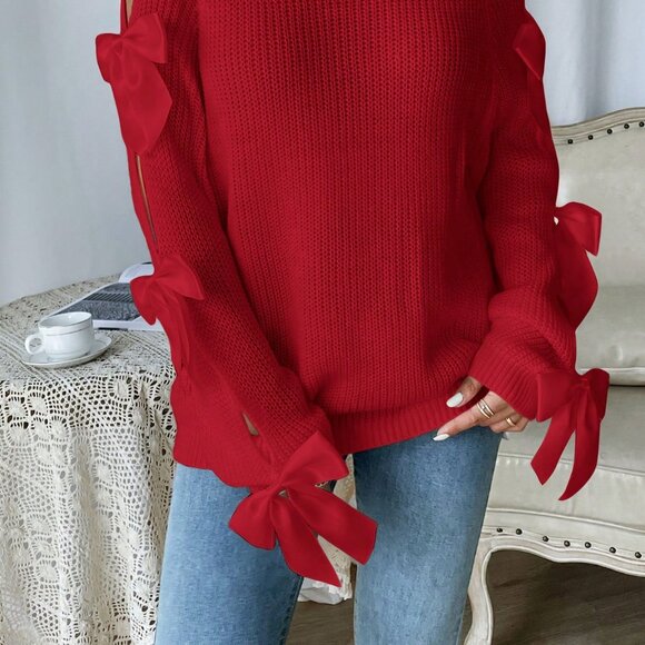 Red Casual Women's Hollow-Out Bow Decor Long Sleeve Sweater - Picture 4 of 5